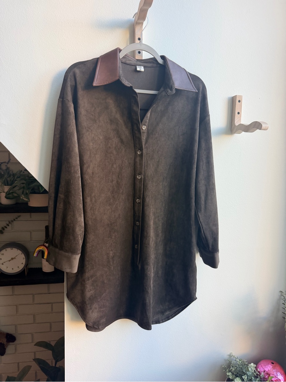 Brown Faux Suede and Leather Shirt Dress